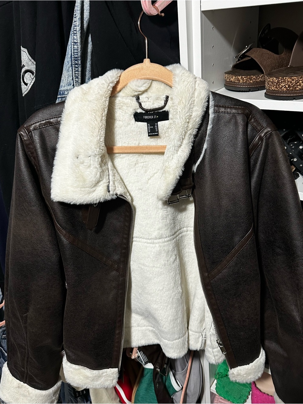 Forever 21 Brown Faux Leather Aviator Jacket with Cream Shearling